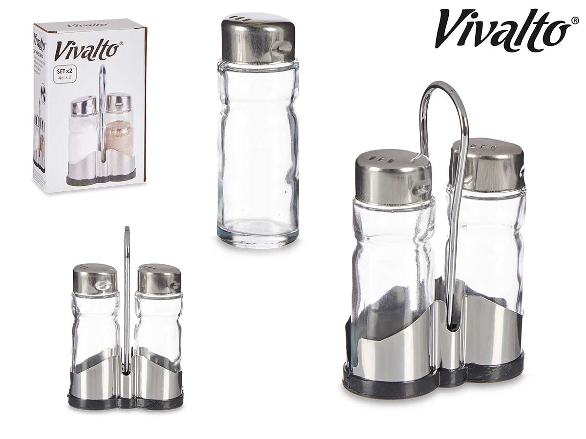 Salt & Pepper Glass With Stainless Steel Support
