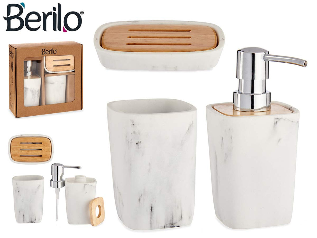 White Plastic & Bamboo Bathroom Set