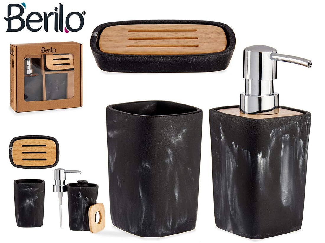 Black Plastic & Bamboo Bathroom Set