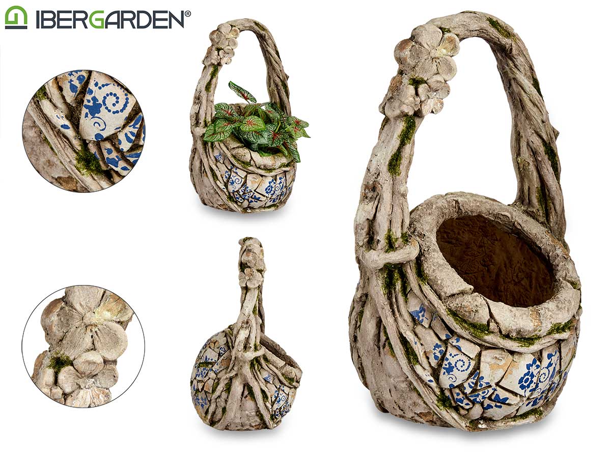 Polyresin Rustic Basket For Garden 44Cm