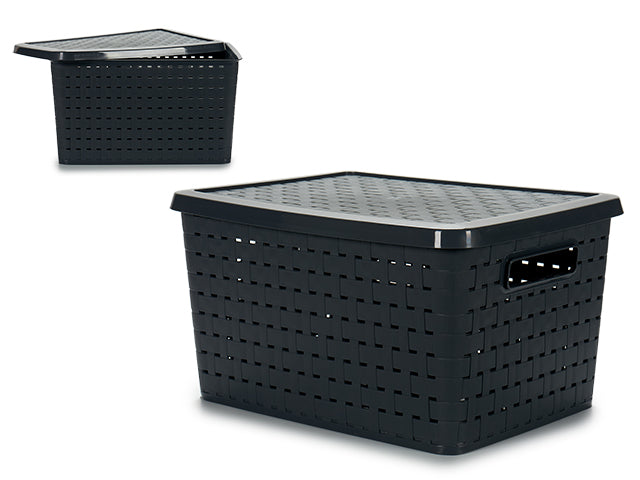 Caixa de plástico Rattan 40L tampa alças cinza