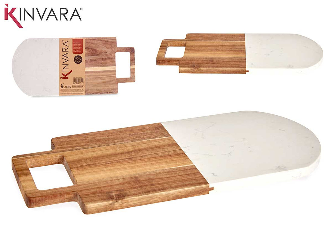 Tábua de corte de madeira e mármore branco com alça