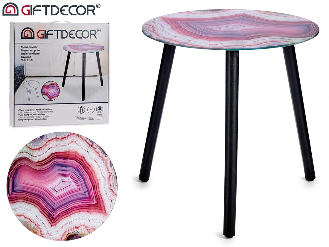 Mesa de cristal efecto mármol rosa con patas negras