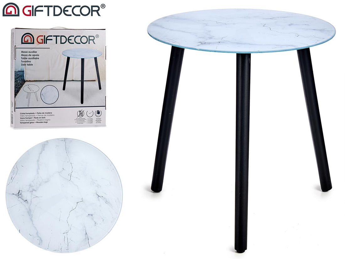 Mesa de cristal efecto mármol blanco con patas negras
