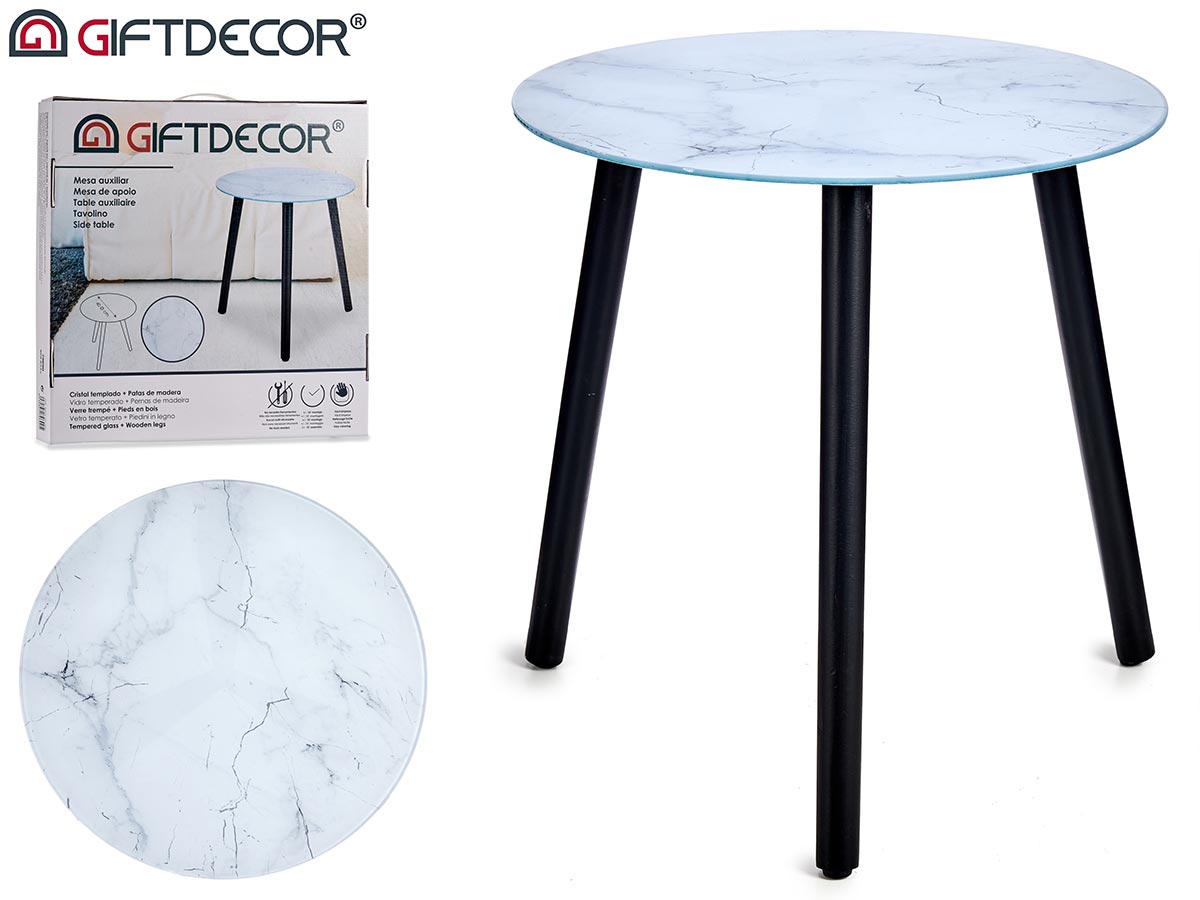 White Marble Effect Glass Table With Black Legs