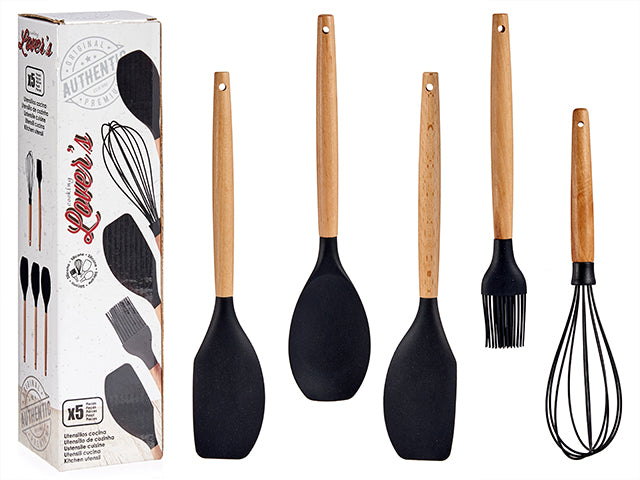 Set 5 Utensilios Silicona Mango Madera Haya