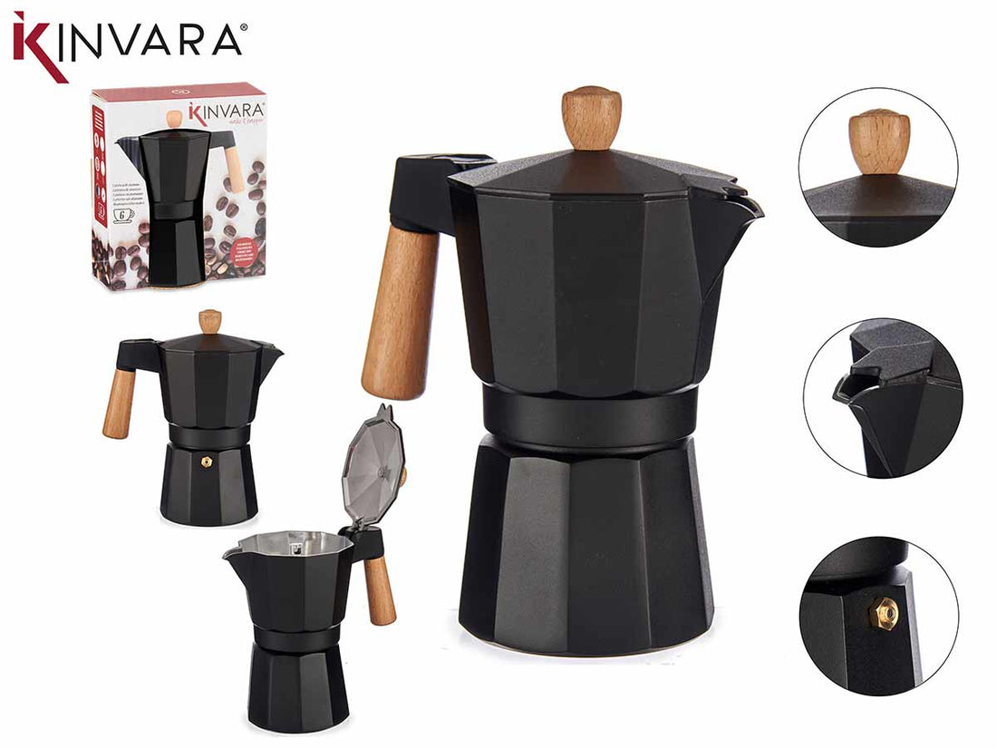 Cafetera de aluminio negro de 6 tazas con mango de madera