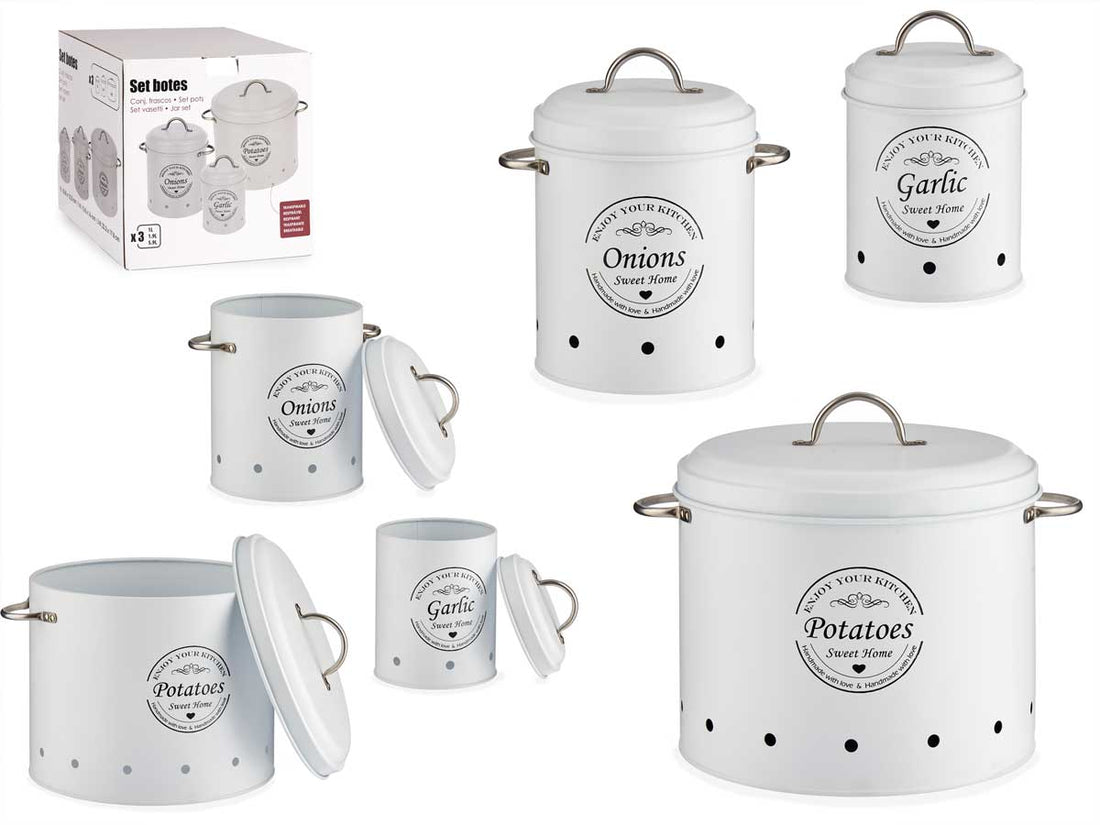 Conjunto de 3 latas de metal branco Aproveite sua cozinha