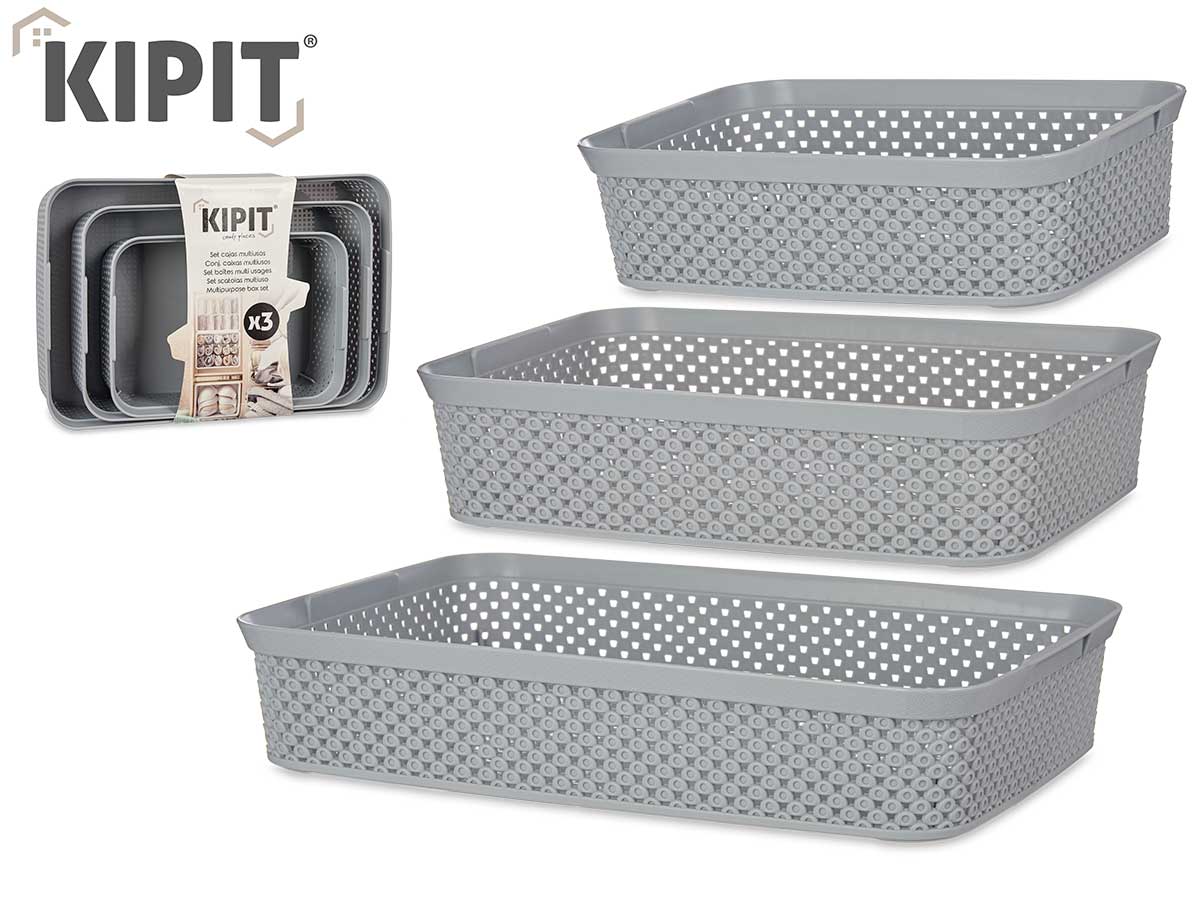 Set Of 3 Grey Rectangular Organiser Trays