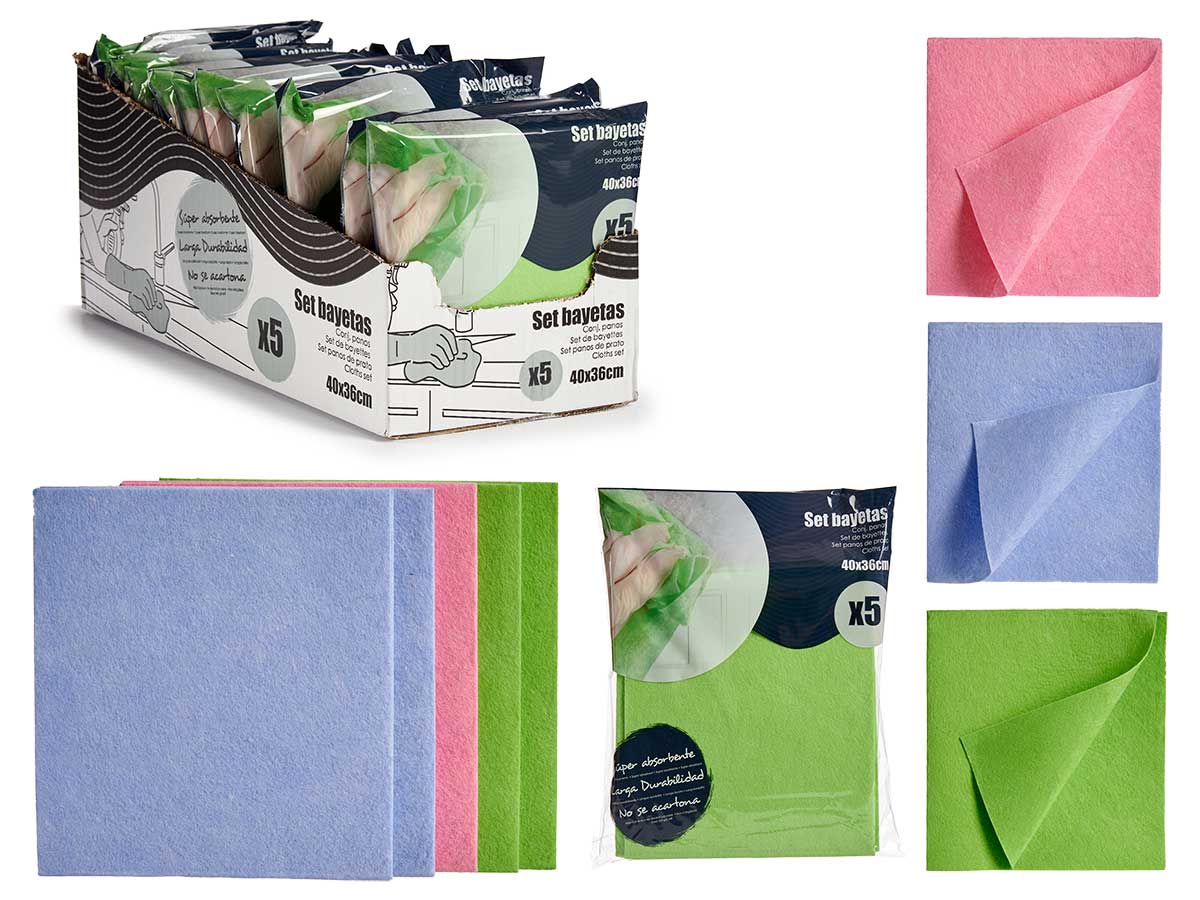 Set 5 40X36Cm Assort 3 Col Soft Cleaning Cloth