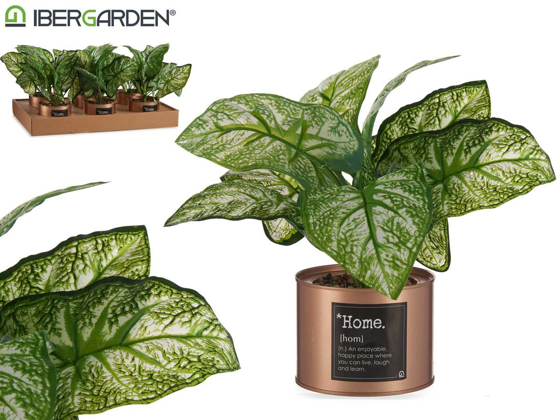 Olla de metal de cobre de planta verde artificial