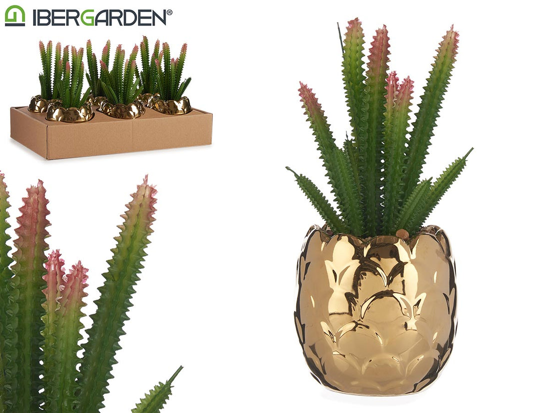 Maceta de cerámica dorada de cactus artificial