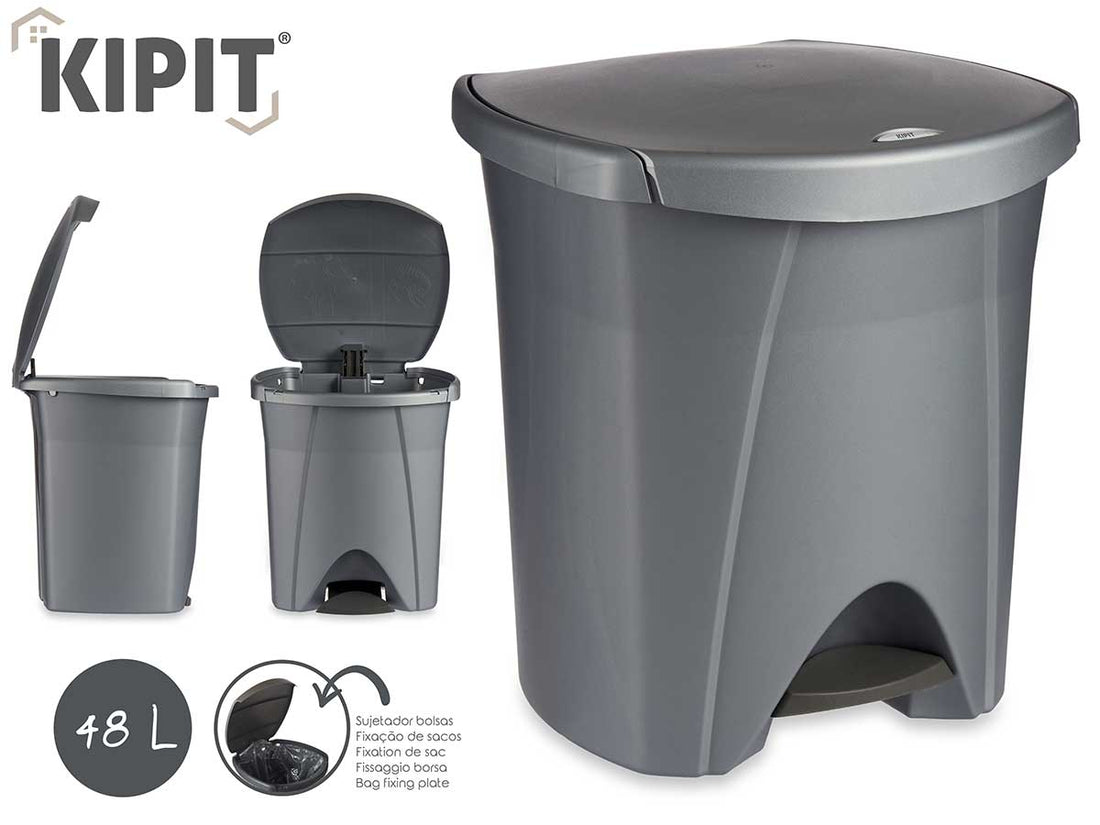 Papelera Plastico Plata Con Pedal Y Cierre 48L