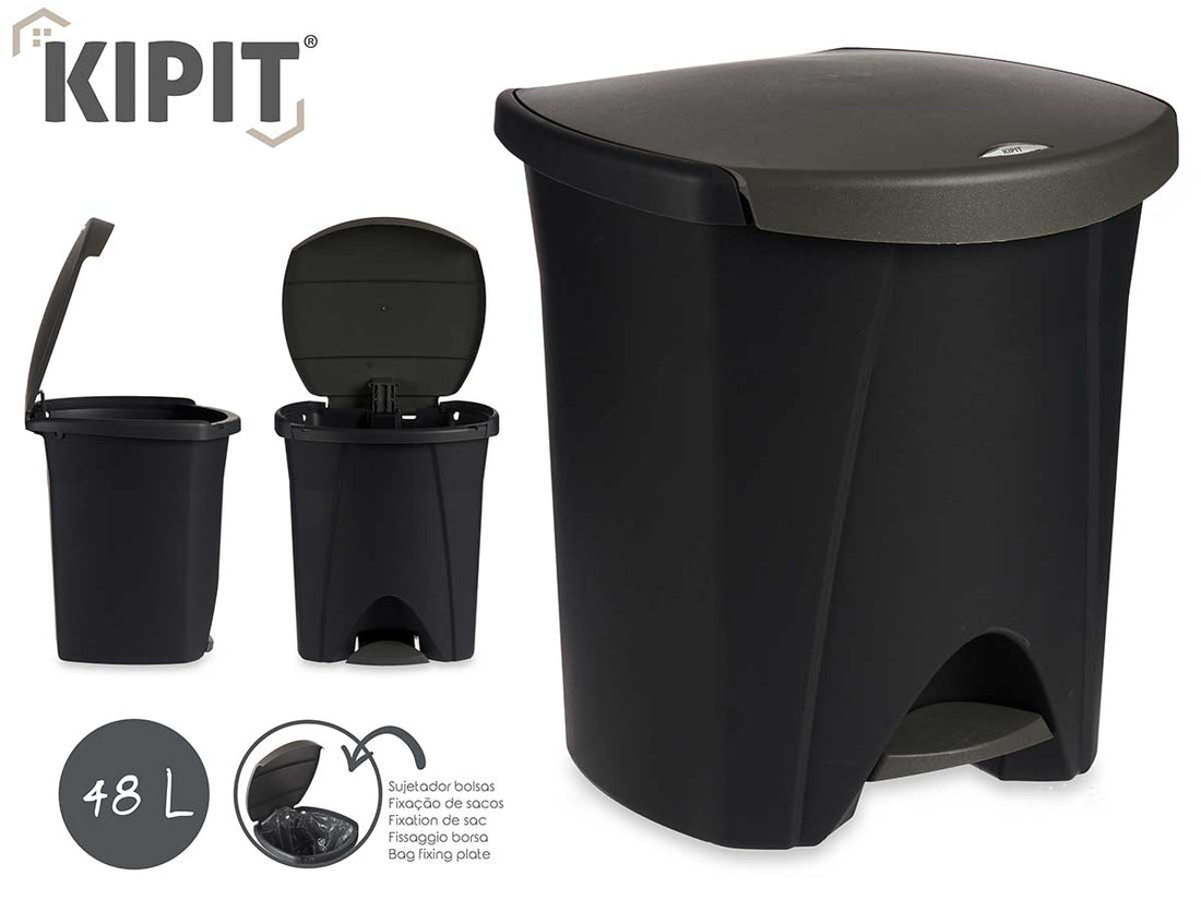 Papelera Plastico Antracita Con Pedal Y Cierre 48L