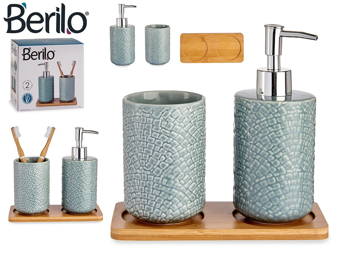 2 Pieces Grey Ceramic With Bamboo Tray Bathroom Set