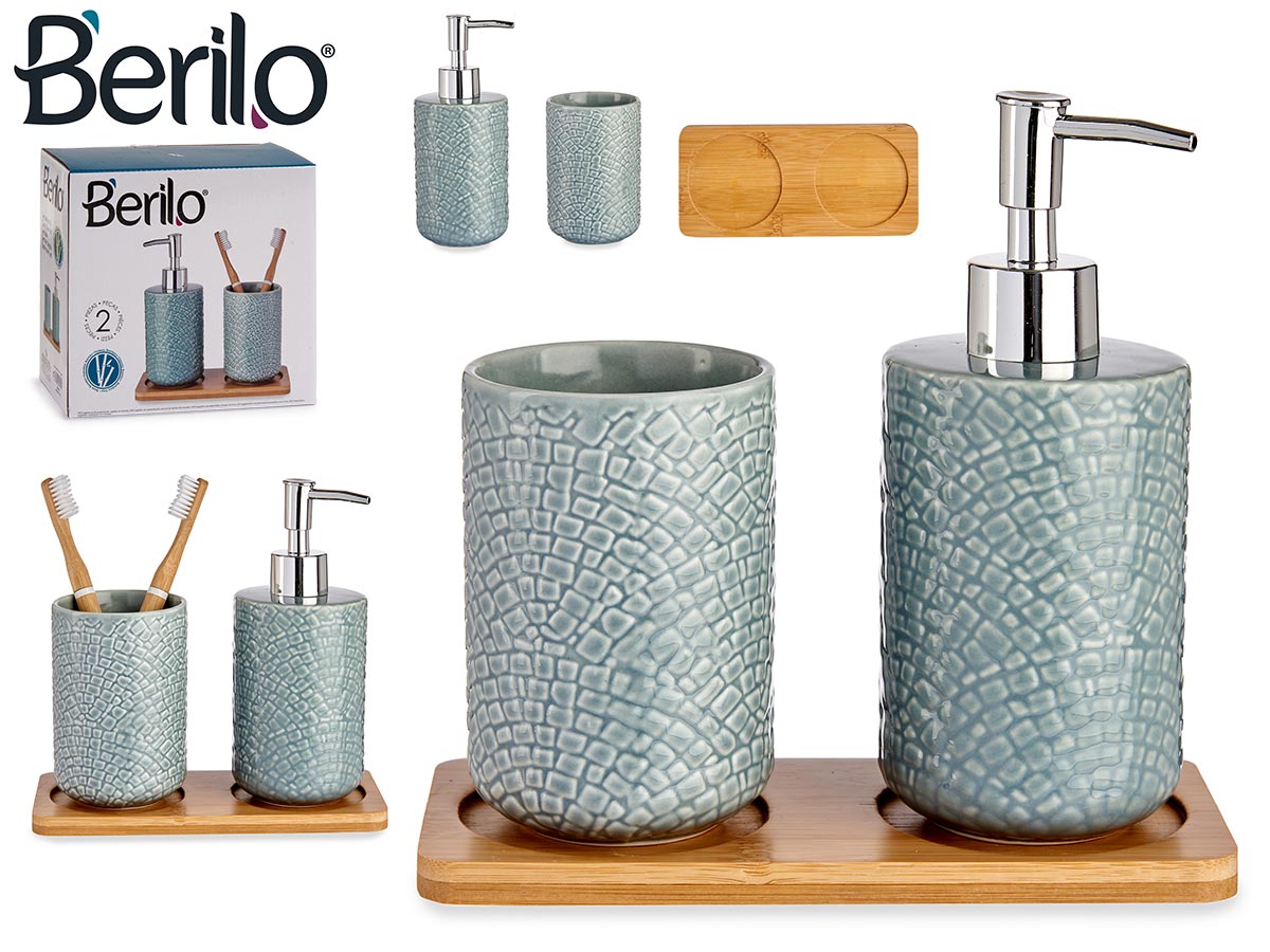 2 Pieces Grey Ceramic With Bamboo Tray Bathroom Set