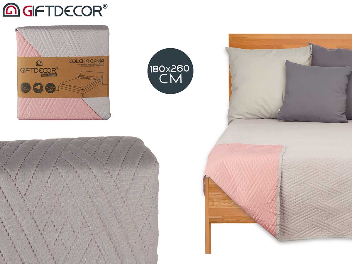 Cubrecama reversible gris claro y rosa 180 x 260