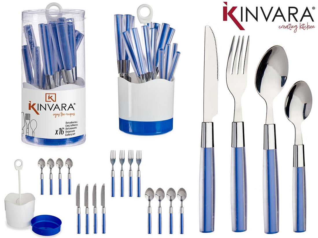 Set 16 Cubiertos Acero Inox Mango Ps Azul Oscuro
