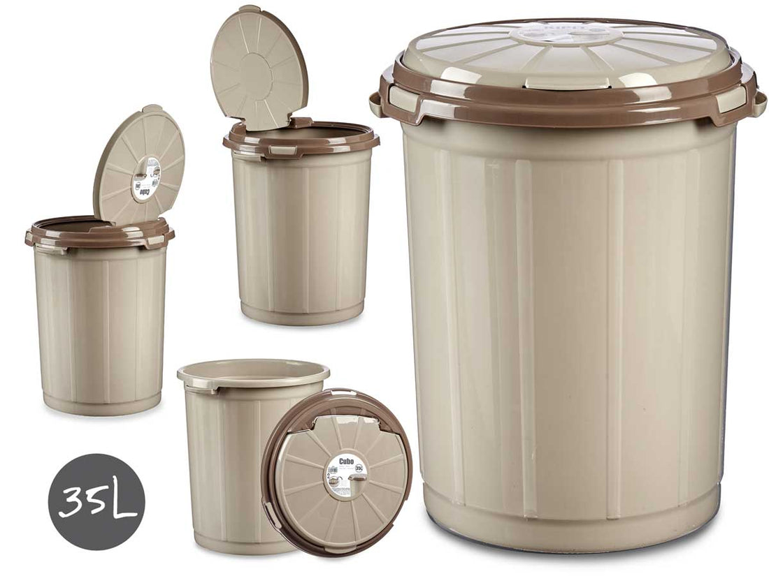 Papelera Plastico Con Tapa Color Beige 35L
