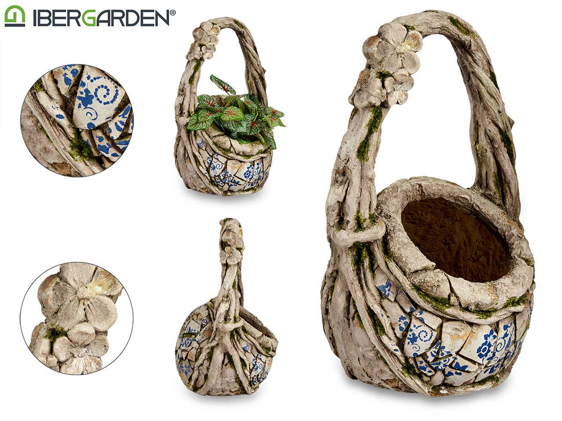 Polyresin Rustic Basket For Garden 44Cm