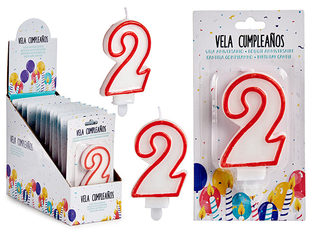 Vela de Aniversário Num 2 Branca Borda Vermelha