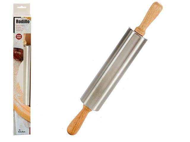 Steel Kitchen Rolling Pin Wooden Handle 32 x 4 cm