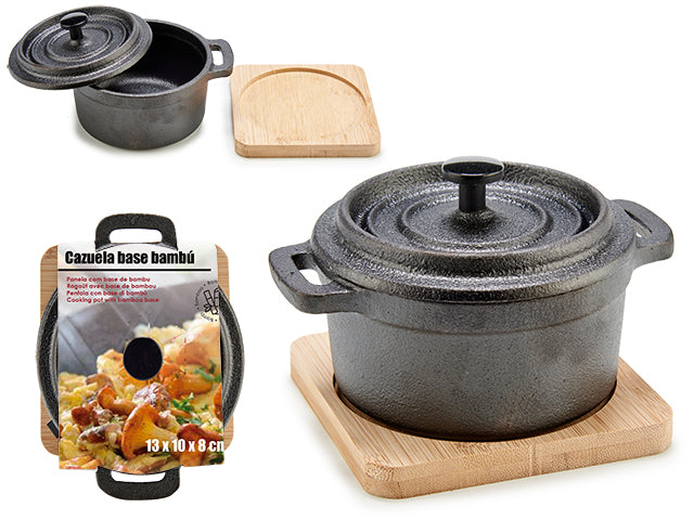 Small Round Cast Iron Pot W/Bamboo Tray