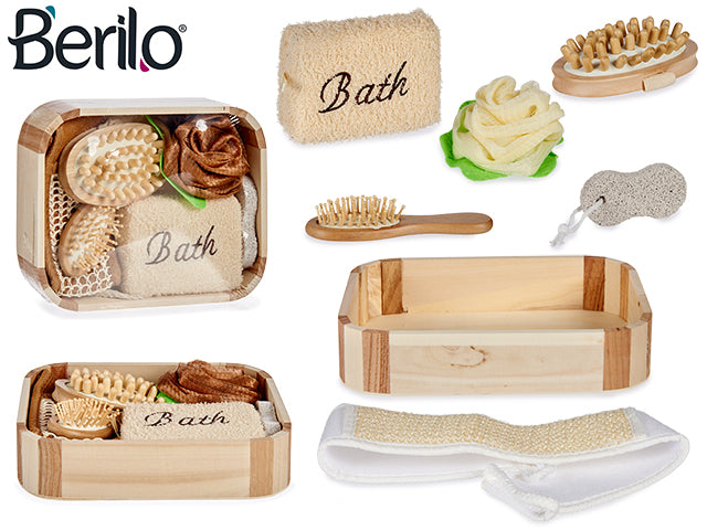 Wood Squared Box With 6 Bath Utensils