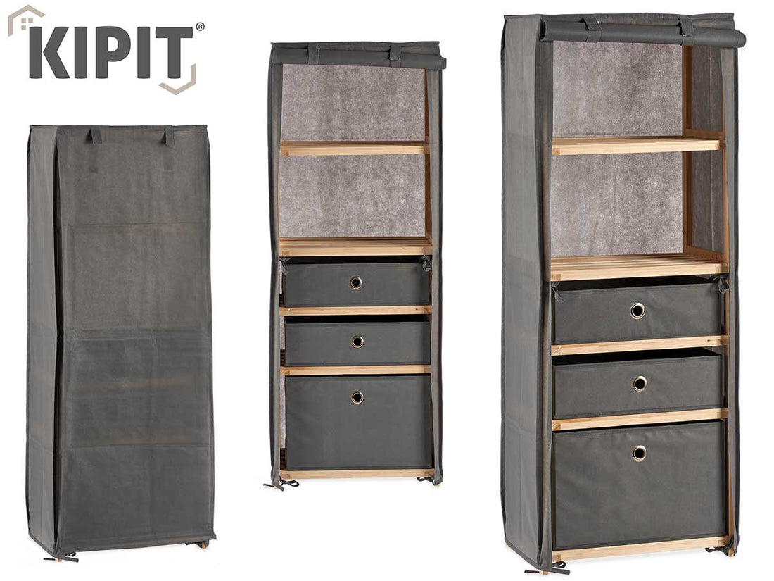 Grey Fabric Shelf With 3 Drawers