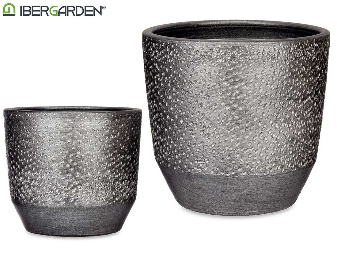 Set 2 Silver Ceramic Flowerpot W/ Dots 20+25Cm