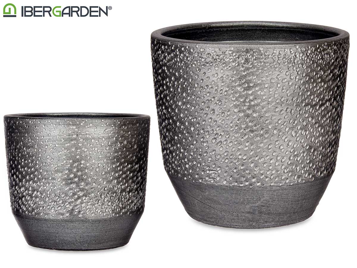 Set 2 Silver Ceramic Flowerpot W/ Dots 20+25Cm