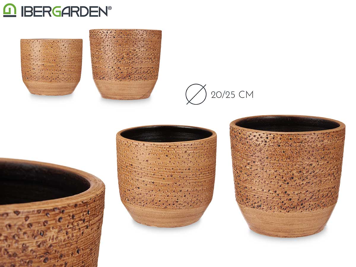 Set 2 20 / 25 cm Brown Ceramic Flowerpot W/ Dots