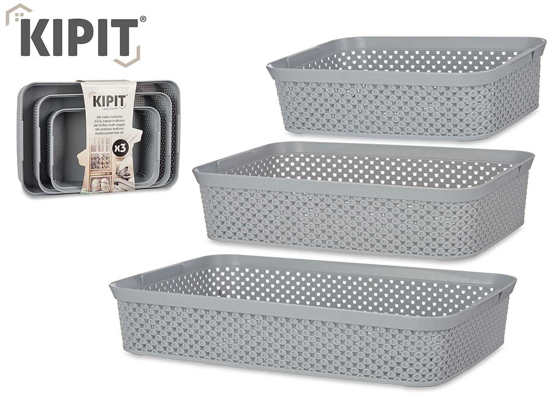 Set Of 3 Grey Rectangular Organiser Trays