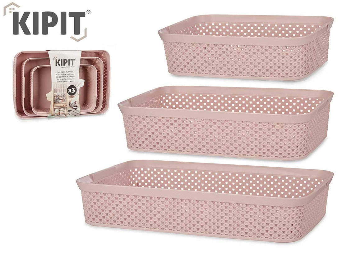 Set Of 3 Pink Rectangular Pink Organiser Trays