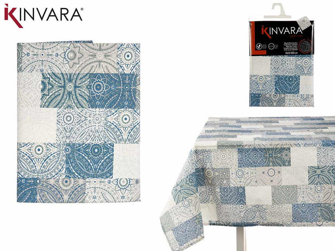 140X180Cm Blue Tiles Stain Resist Canvas Tablecloth