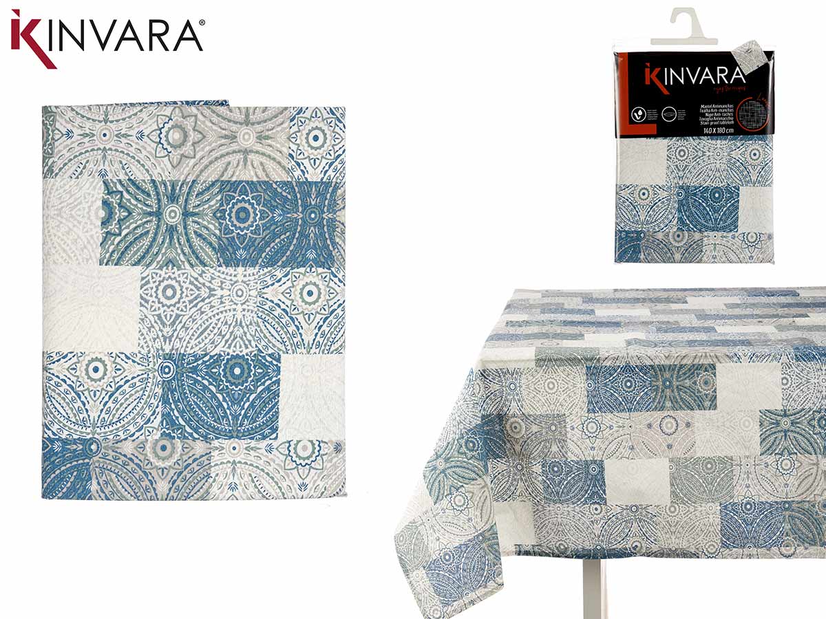 140X180Cm Blue Tiles Stain Resist Canvas Tablecloth