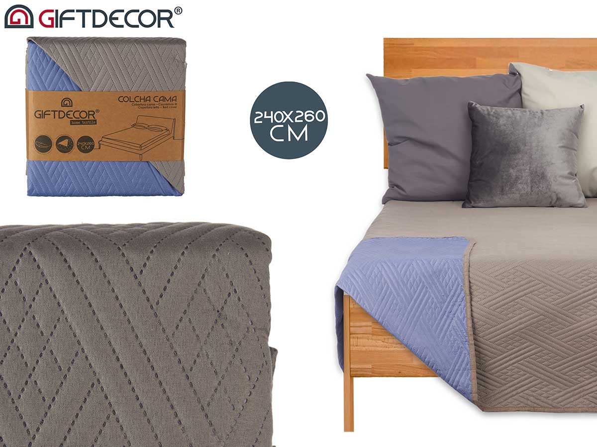 240 x 260 Dark Grey And Blue Reversible Bedspread